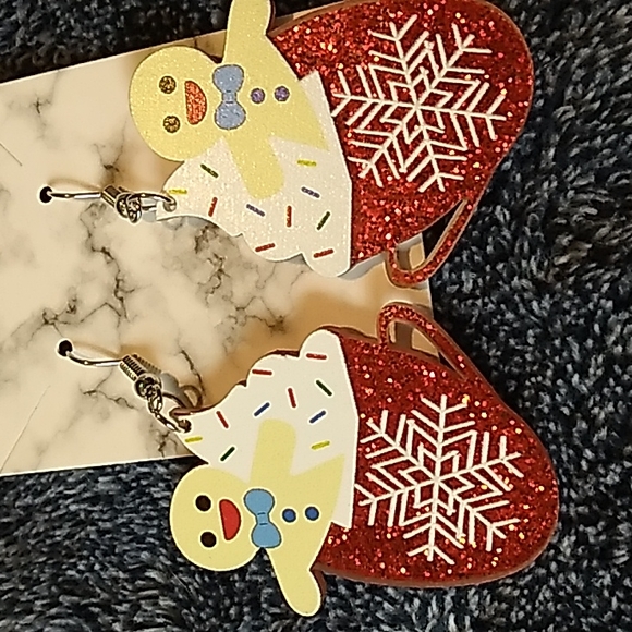 Acrylic Hot Coco Christmas Earrings 1 1/4 x 2 inches Red Glitter, white, yellow - Picture 2 of 4
